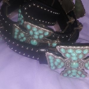 SSM LEATHER BELT W/SILVER AND TURQUOISE IRON CROSS